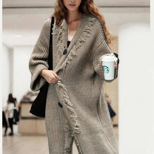 Damen Grober Strickcardigan mit fransigen Details und offenem Schnitt EB