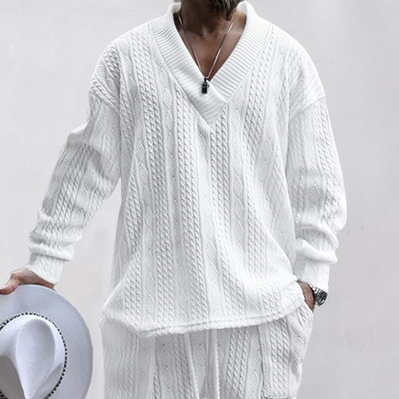 Herren nan Oversize Zopfmuster-Longpullover mit tiefem V-Ausschnitt und passender Strickhose EB