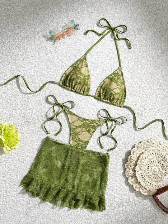 Damen Spitzen-Bikini mit floralem Design und fließendem Rock EB