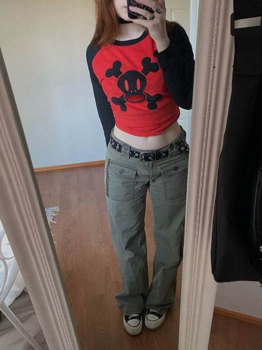 Damen trendiges Raglan-Crop-Top mit Totenkopf-Print EB