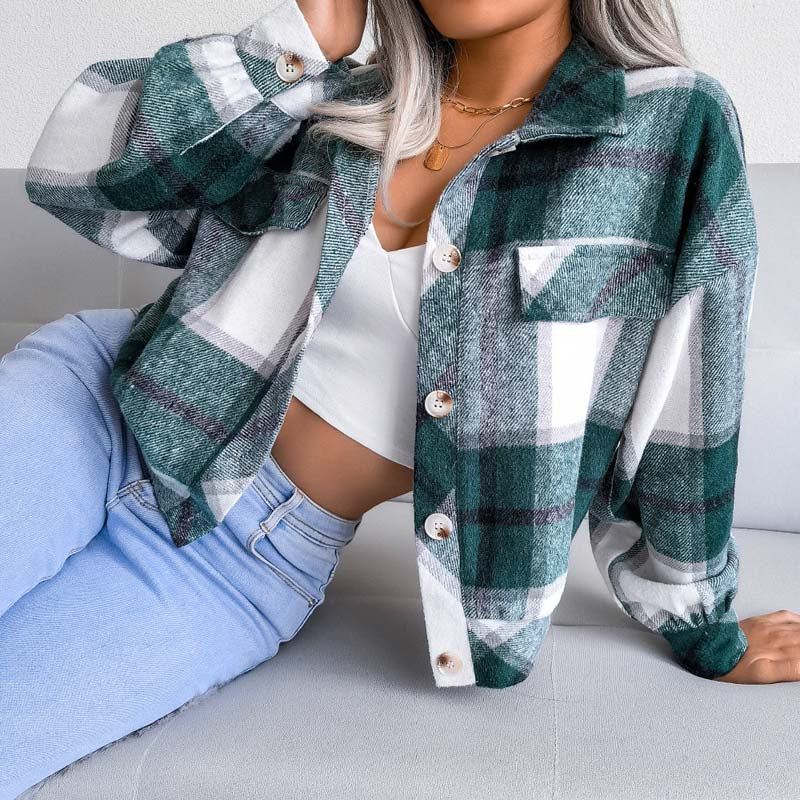 EB | Karierter Kurze Jacke mit Brusttaschen Polyester Karriert, Modern