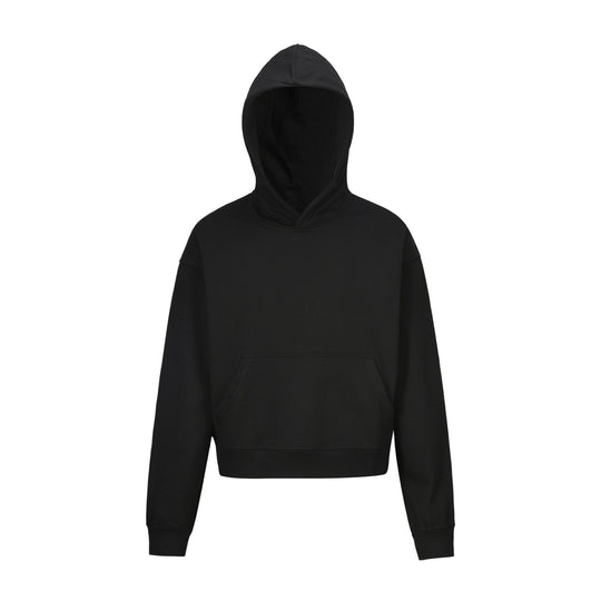 Damen nan kurzgeschnittener Boxy-Kapuzenpullover mit Kängurutasche und geripptem Komfortbund EB