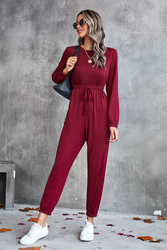Damen lässiger Jumpsuit mit elastischem Taillenzug und trendy Langarm EB