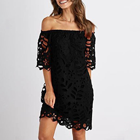 Damen Off-Shoulder Kleid mit floralen Cut-Outs und luftigen Ärmeln EB