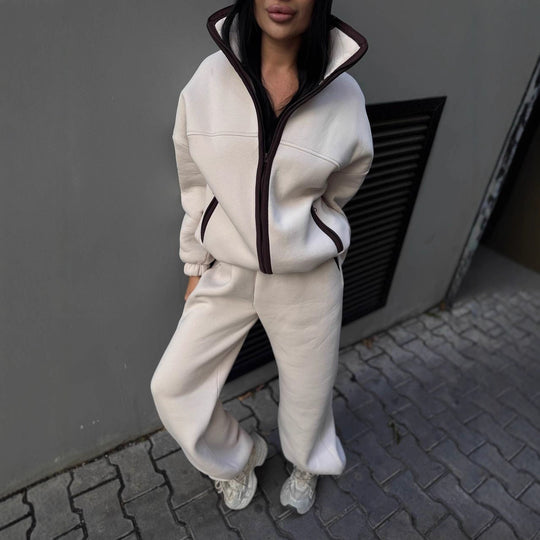 Damen Zweiteiliges Teddyfleece-Lounge-Set mit Stehkragen und weitem Joggerbein EB