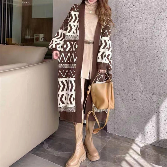 Damen Long Cardigan mit grafischem Design und tiefen Taschen EB