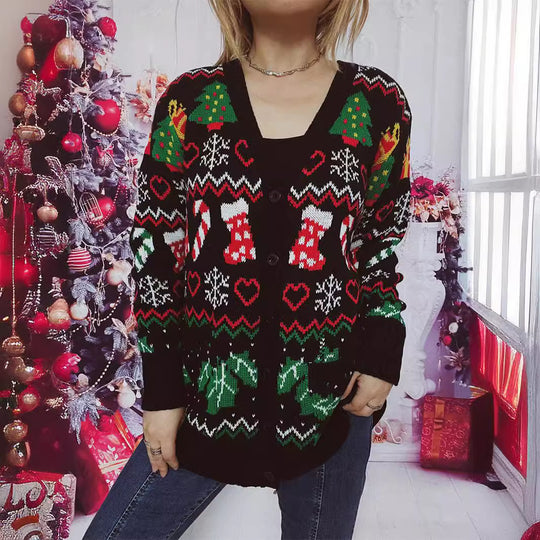 Damen Weihnachts-Strickjacke mit festlichem Motiv und praktischem Knopfverschluss EB