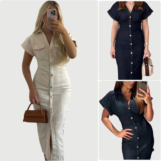 Damen Langarm Kleid mit Knopfverschluss und klassischem Hemdkragen EB