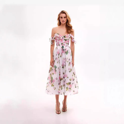 Damen Blumenkleid mit schulterfreiem Design EB