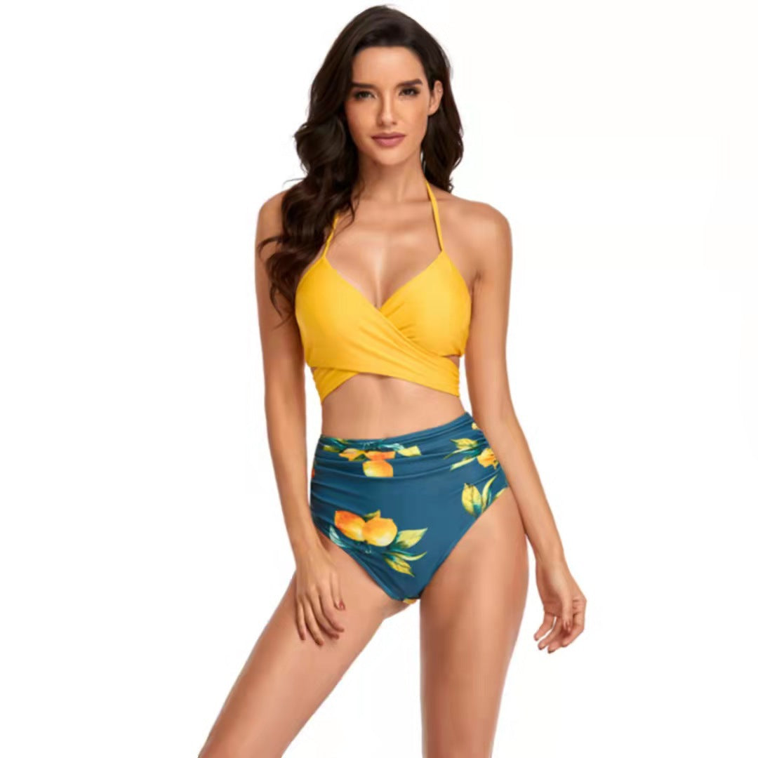 Damen Hochgeschnittener Bikini mit Wickeloberteil und floralen Mustern EB
