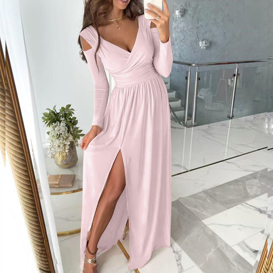 Damen elegantes Maxikleid mit raffiniertem V-Ausschnitt und schickem Beinschlitz EB