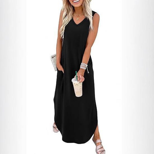 Damen Maxi-Kleid mit modernem V-Ausschnitt und praktischem Taschendesign EB