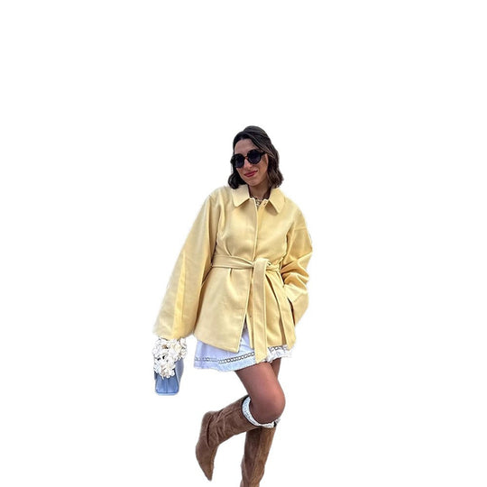 Damen Oversized jacke mit breitem Revers und Taillengürtel EB
