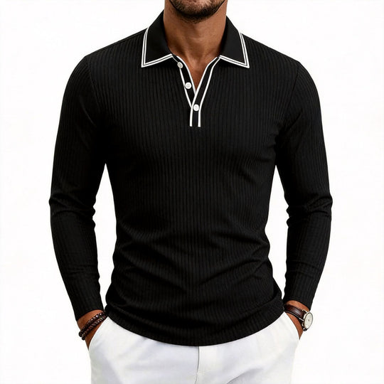 Herren nan fein geripptes Langarm-Poloshirt aus elastischer Merino-Mixqualität mit Kontrastkanten EB