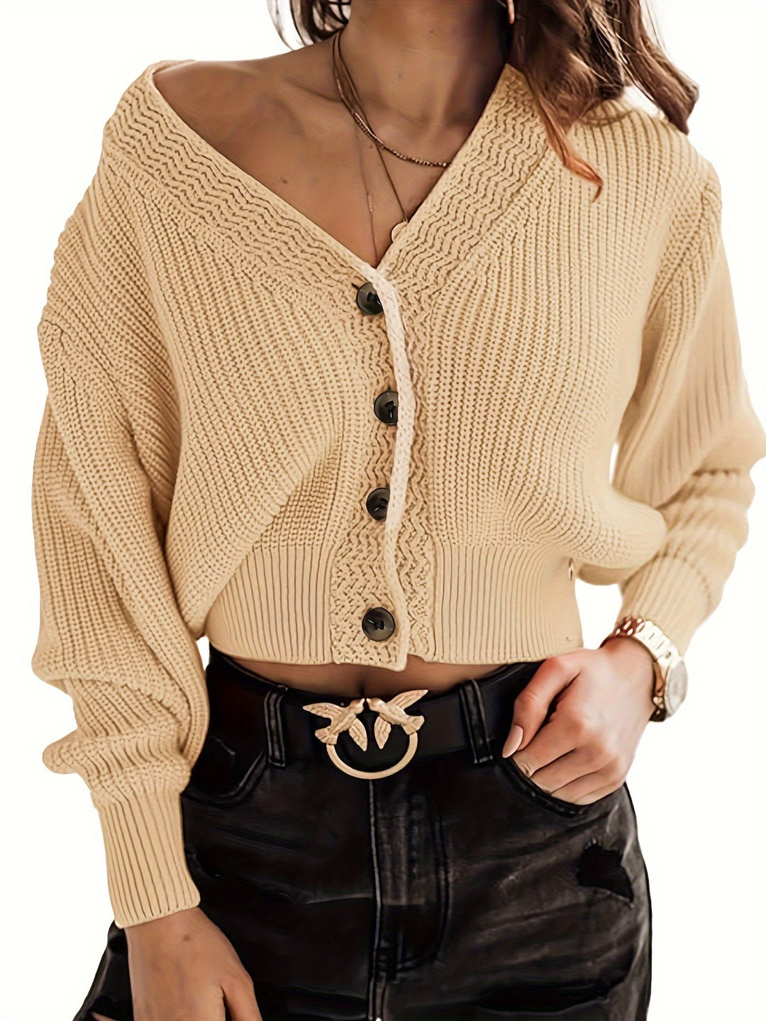 Damen lässiger Strickpullover mit tiefem V-Ausschnitt und Knopfdetails EB