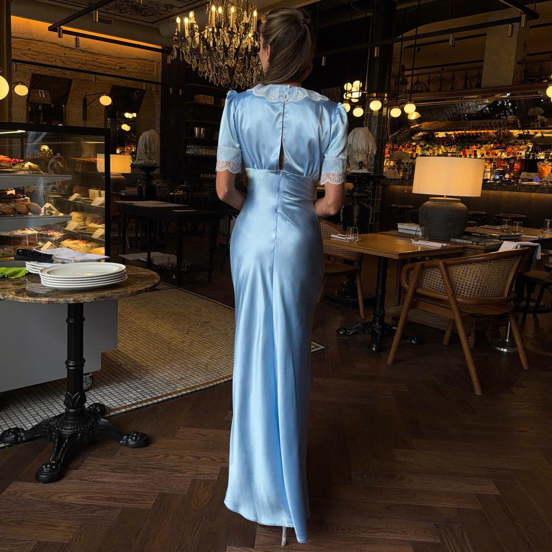 Damen Maxikleid mit eleganten Spitzenakzenten und V-Ausschnitt EB