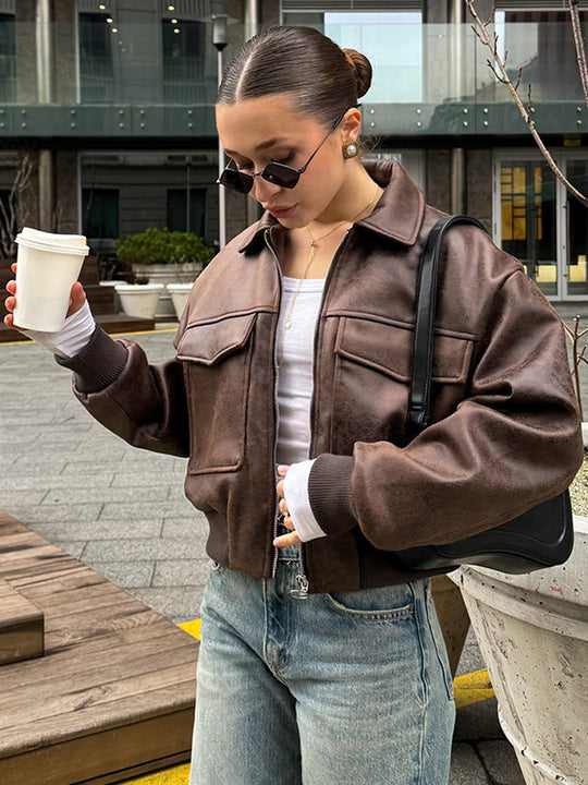 Damen cropped Kunstlederjacke mit Taschen EB