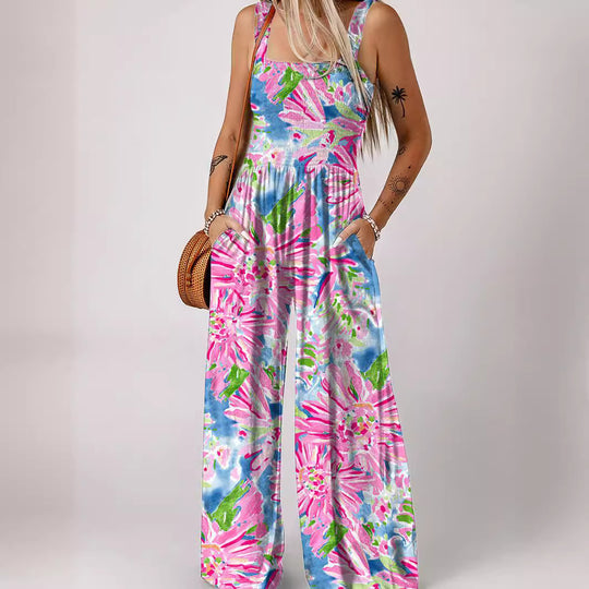 Damen luftiger Blumendruck Jumpsuit im Maxiformat mit praktischen Taschen EB