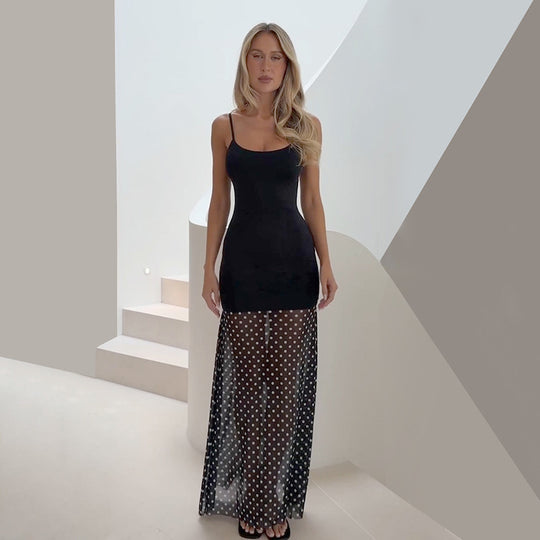 Damen Elegantes Nachtkleid mit transparentem Tüll und Punktmuster EB