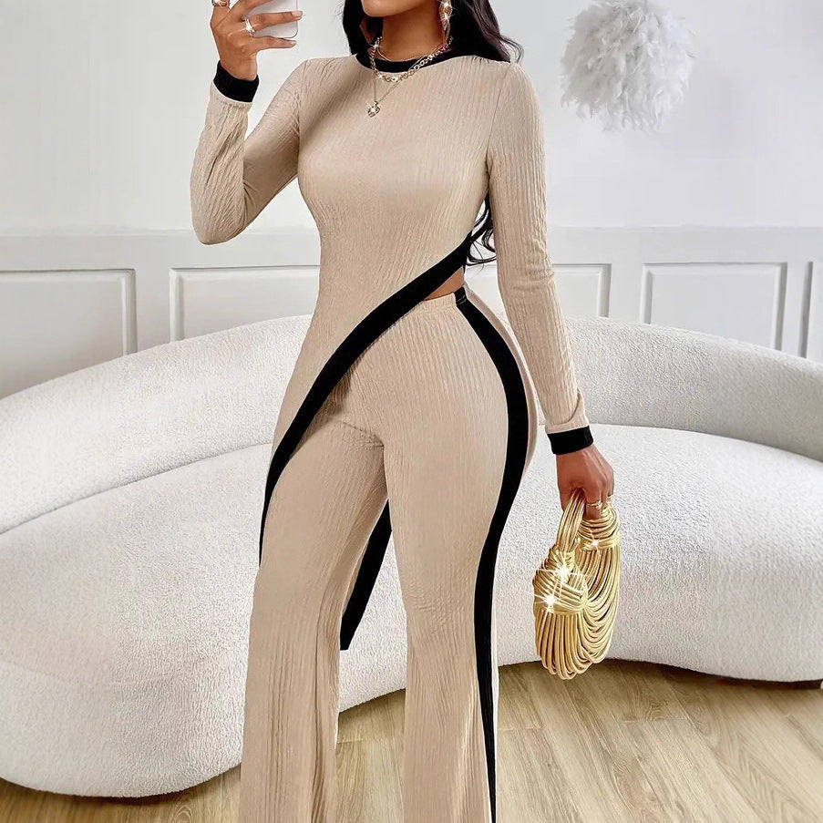 Damen nan eleganter Rippen-Jumpsuit mit asymmetrischer Wickeloptik, taillierendem Cut-Out und kontrastierenden Seitenstreifen EB