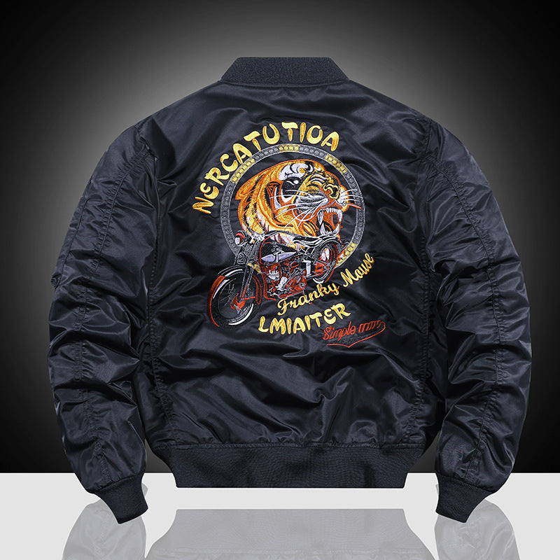 Herren Bestickte Nylon-Bomberjacke im Pilotenstil mit Tiger-Motorrad-Design EB