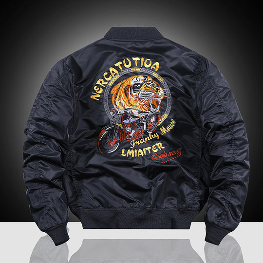 Herren Bestickte Nylon-Bomberjacke im Pilotenstil mit Tiger-Motorrad-Design EB
