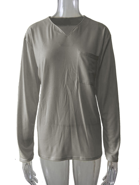 Damen nan legeres Langarmshirt mit V-Notch-Ausschnitt, Brusttasche und lockerer Oversize-Passform EB