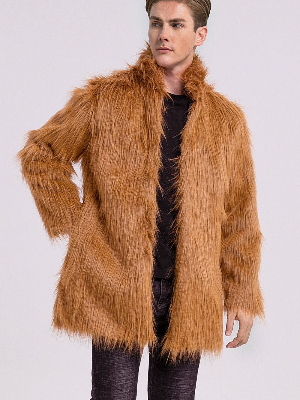 Herren Eleganter Kunstfell-Mantel mit weitem Kragen EB