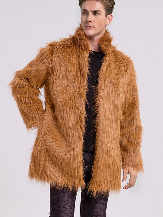 Herren Eleganter Kunstfell-Mantel mit weitem Kragen EB