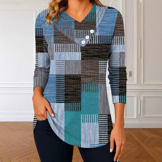 Damen Langarm-Tunika mit asymmetrischem V-Ausschnitt, Zierknopfleiste und kariertem Patchworkmuster EB