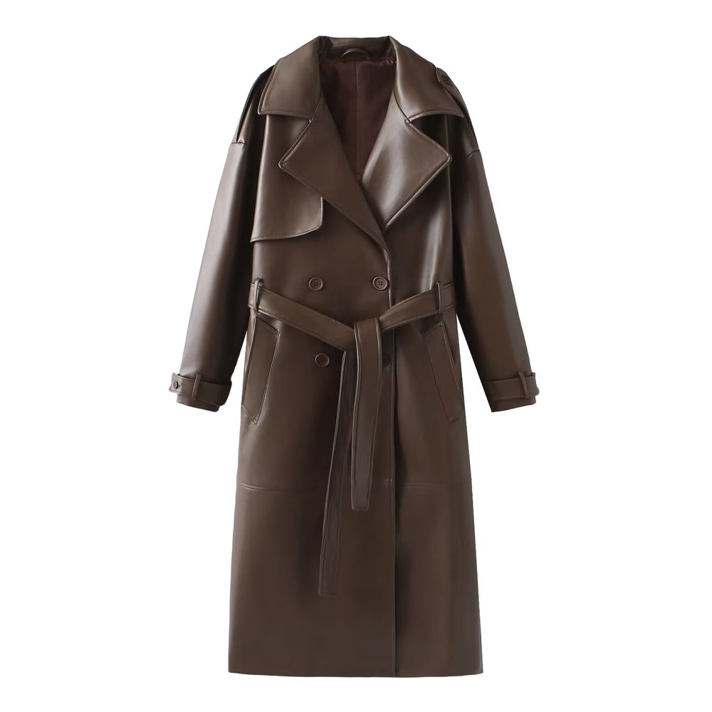 Damen Kunstleder-Trenchcoat mit modischem Schnitt und praktischen Taschen EB