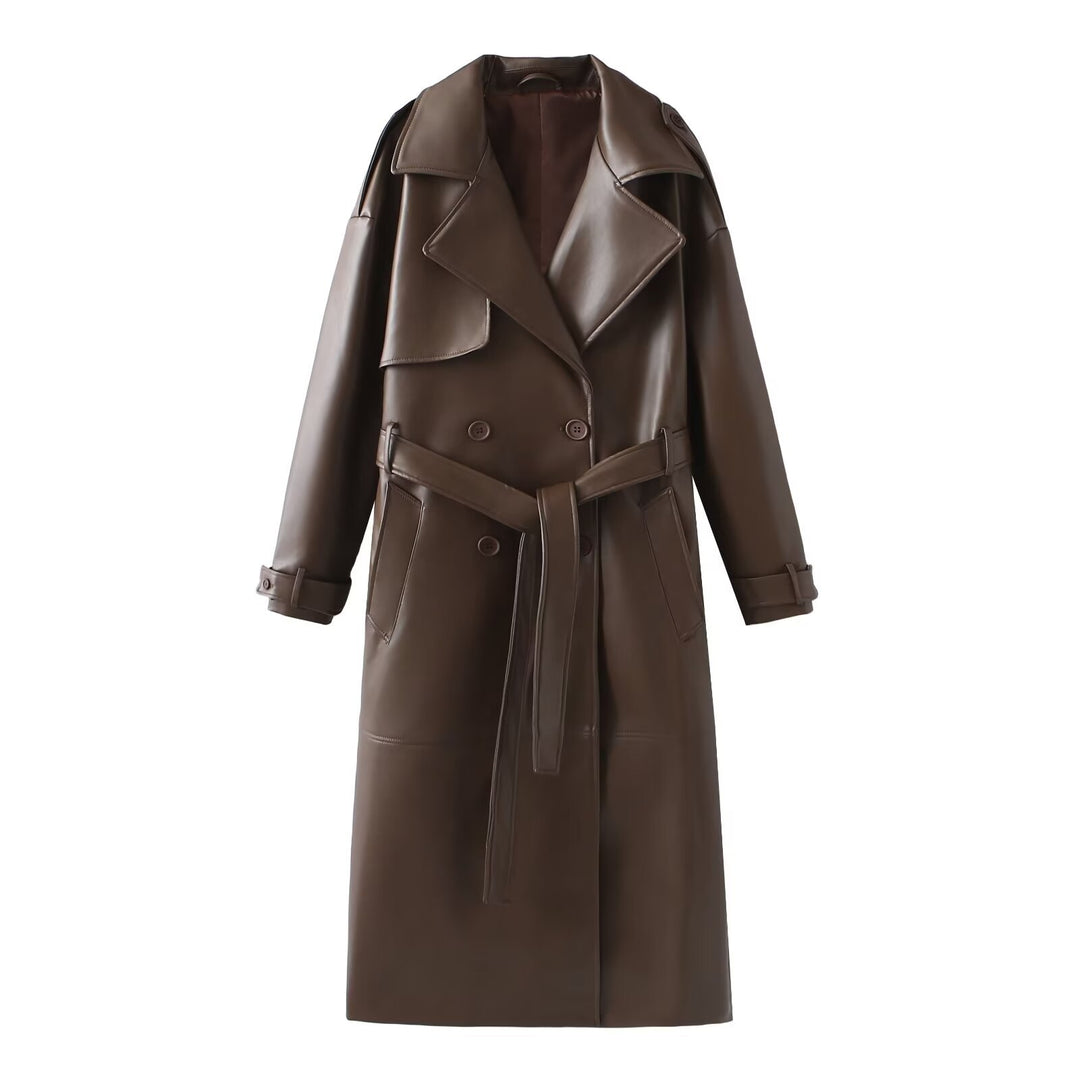 Damen Kunstleder-Trenchcoat mit modischem Schnitt und praktischen Taschen EB