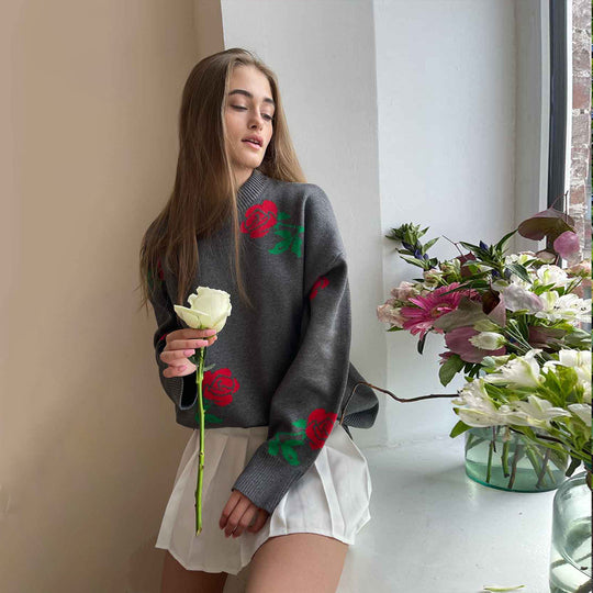 Damen weicher Strickpullover mit floralem Design EB