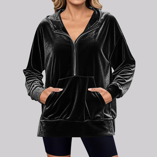 Damen Lässiger Velvet Hoodie mit praktischem Reißverschluss und Kängurutasche EB