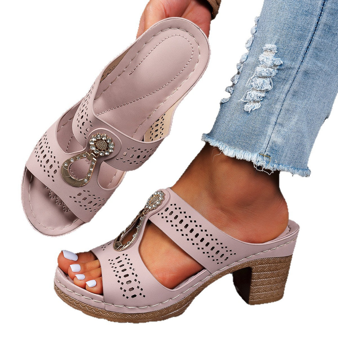 Damen elegante Wedge-Pantoletten mit Dekorativem Schmuckakzent EB