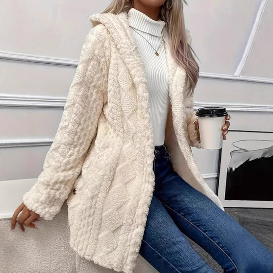 Damen Gemütlicher Hoodie-Mantel aus Teddy-Fleece EB