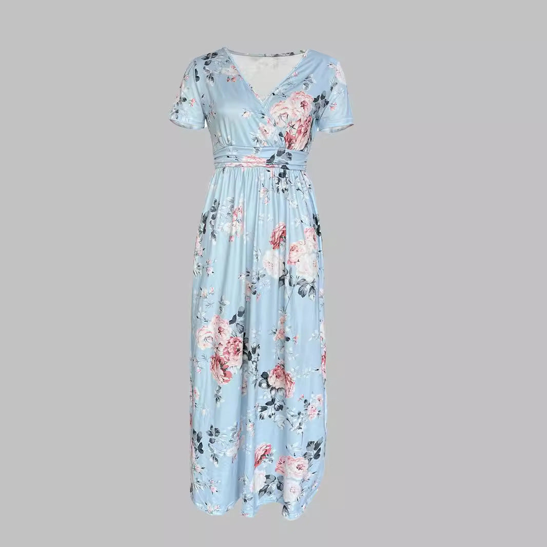 Damen Maxikleid mit tiefem V-Ausschnitt und floralem Design EB