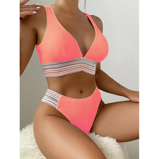 Damen Wellenmuster Bikini-Set mit tiefem V-Ausschnitt EB