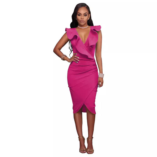 Damen elegantes Wickelkleid mit Rüschendetails EB