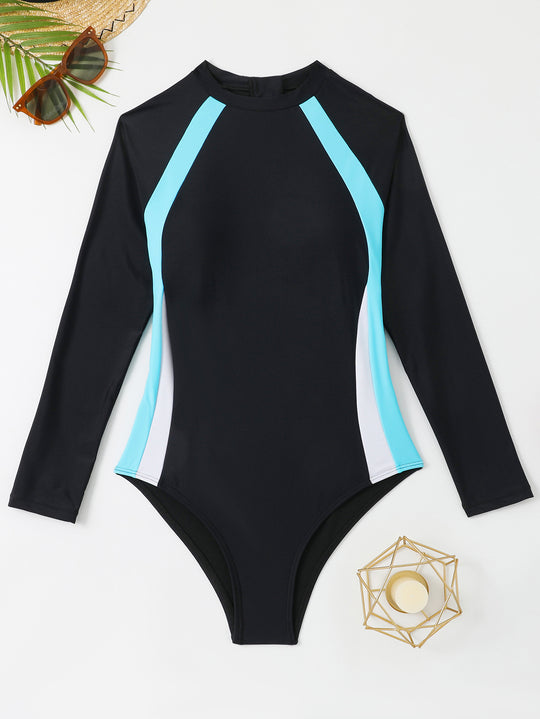 Damen Sportlicher Langarm-Badeanzug mit Farbblockdesign EB