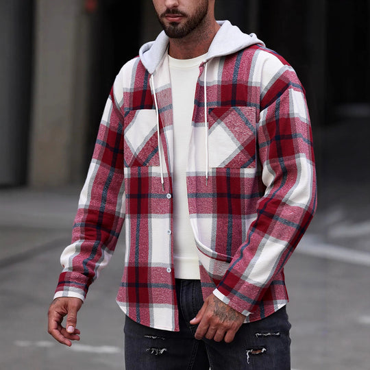Herren Flanelljacke im lässigen Karomuster mit Kapuze und zwei Taschen EB