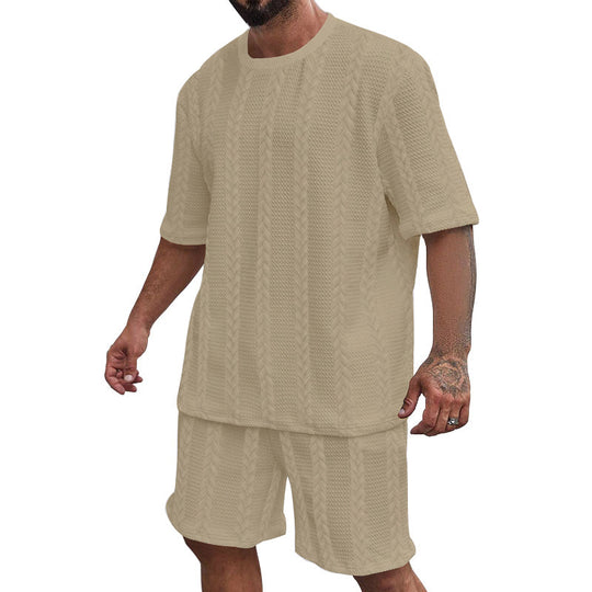 Herren nan entspanntes Zopfstrick-Freizeitset mit weitem Kurzarmshirt und elastischer Bermuda EB