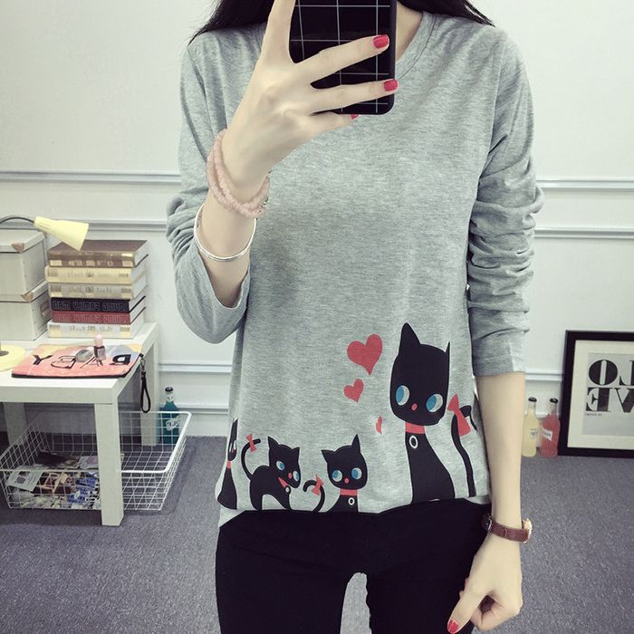 Damen Langarm-T-Shirt mit kreativem Katzenmotiv EB