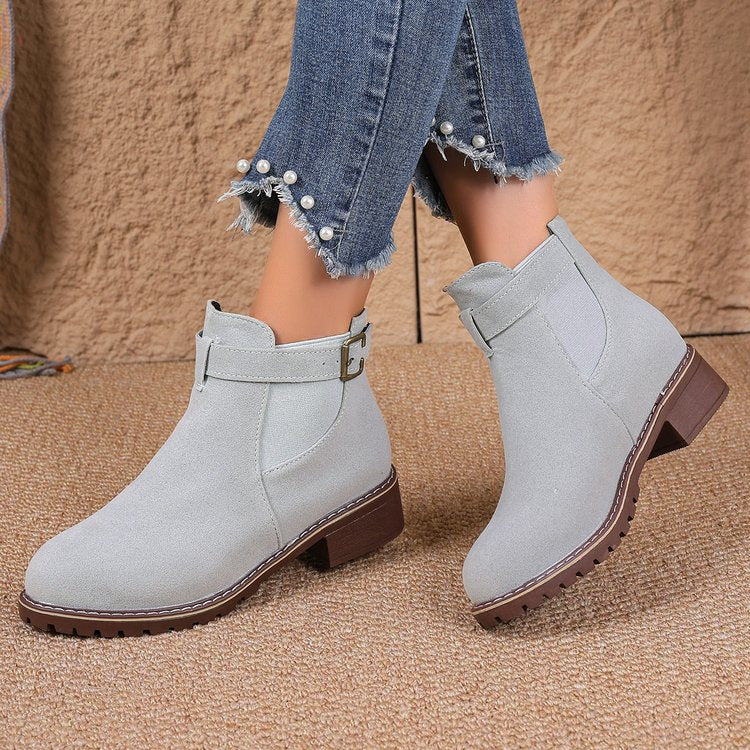 Damen Wildleder-Optik Chelsea-Stiefelette mit dekorativem Schnallenriemen, elastischem Einsatz und grober Profilsohle EB