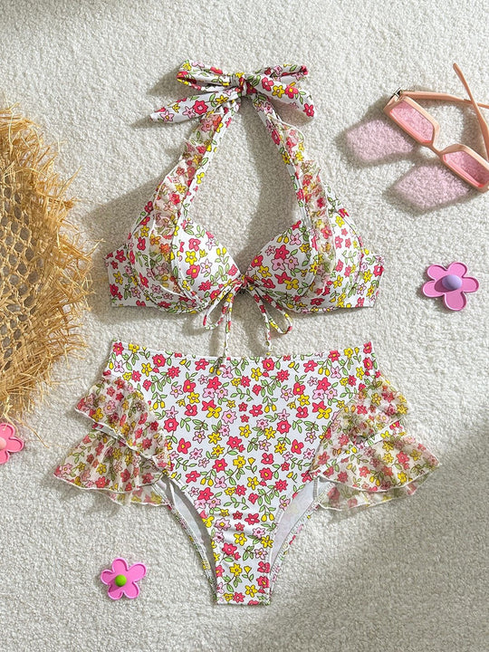 Damen Retro-Bikini-Set mit floralem Design und Rüschendetails EB