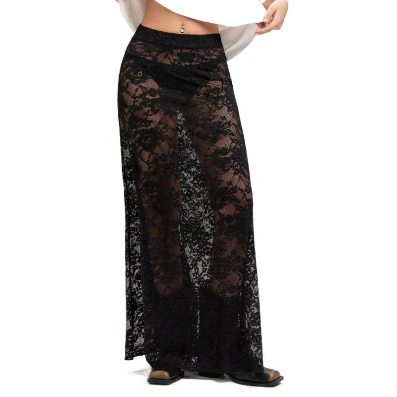 Damen Elegante Spitzenmaxi-Rock mit durchscheinendem Design und seitlichem Schlitz EB