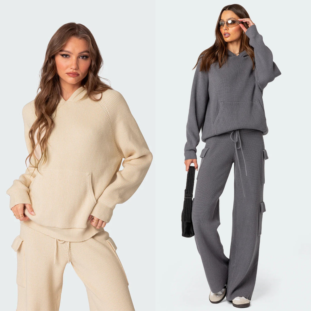 Damen nan gerippter Kapuzenpullover aus Feinstrick mit Kängurutasche und relaxed Fit EB