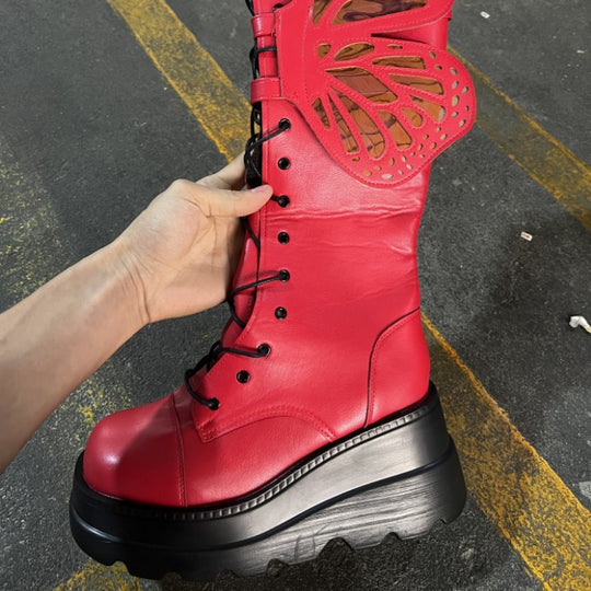 Damen Schnürstiefel mit modischem Schmetterlingsdesign und hohem Plateau EB