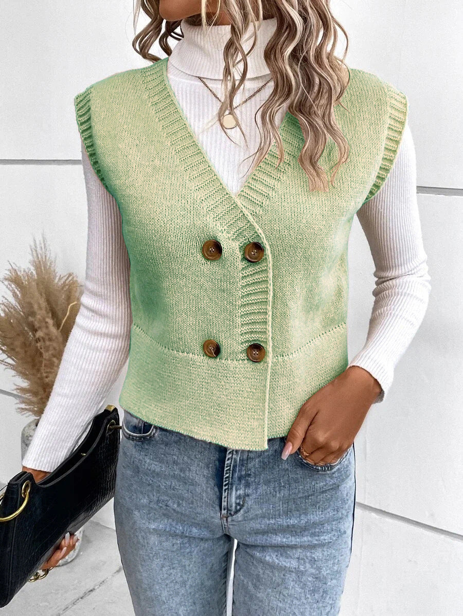 Damen Strickweste mit doppelter Knopfleiste und stylischem V-Ausschnitt EB