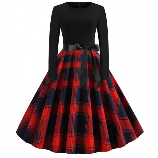 Damen Vintage Tellerrockkleid mit Karo-Tellerrock, figurbetontem Langarmoberteil und Satinschärpe EB